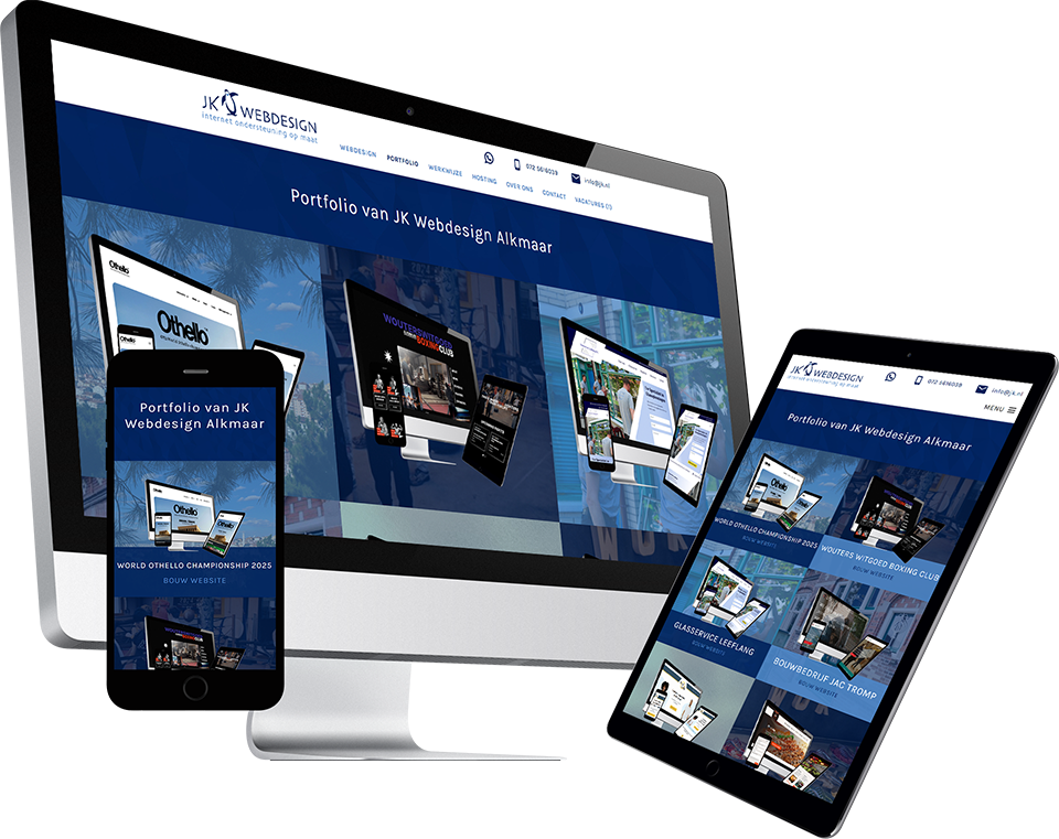 Afbeelding van de webpagina van het portfolio van JK Webdesign uit Alkmaar. De webpagina wordt weergegeven op verschillende schermgroottes.